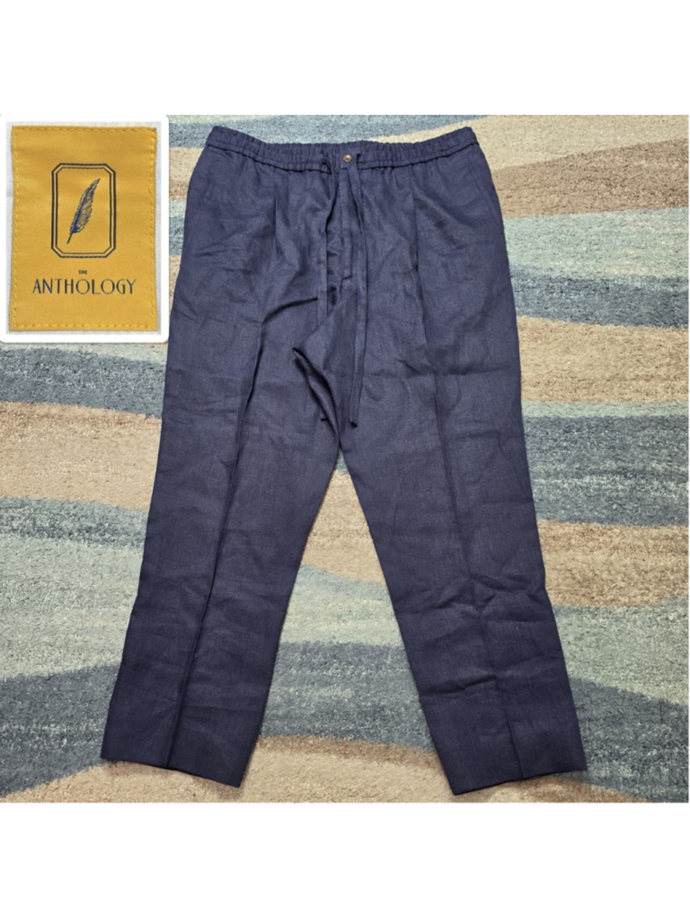 The Anthology Pants Mens Japanese Linen IT54 Navy Drawstring Pleated Italy